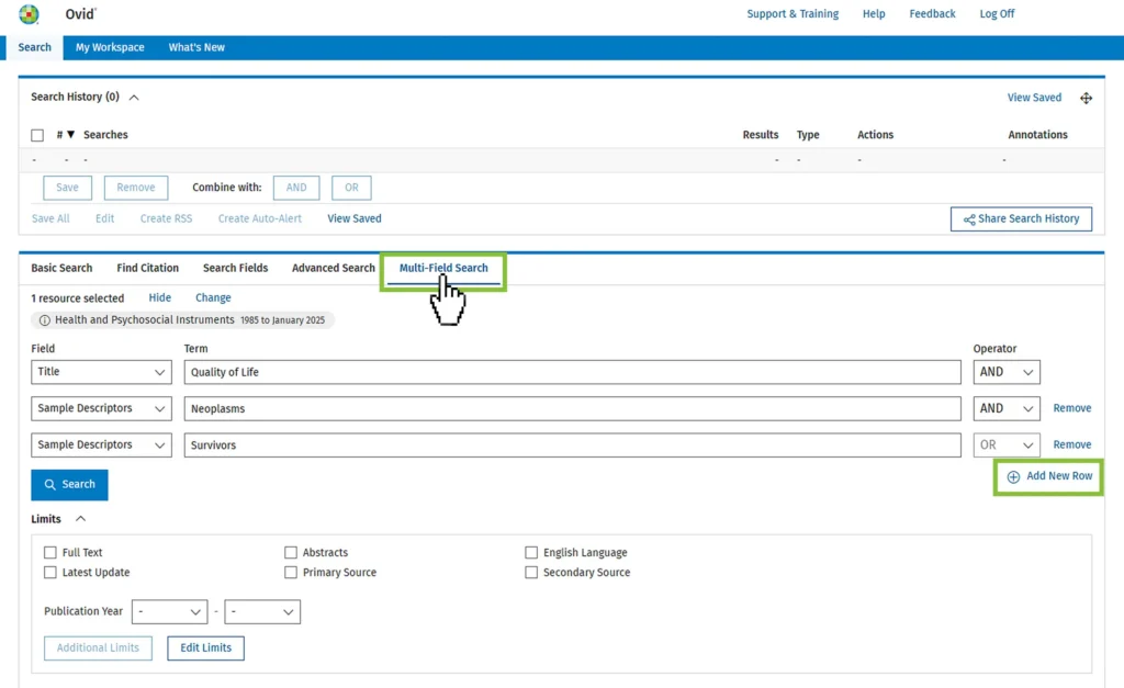 Reference screenshot of Searching process through Ovid - Step 1