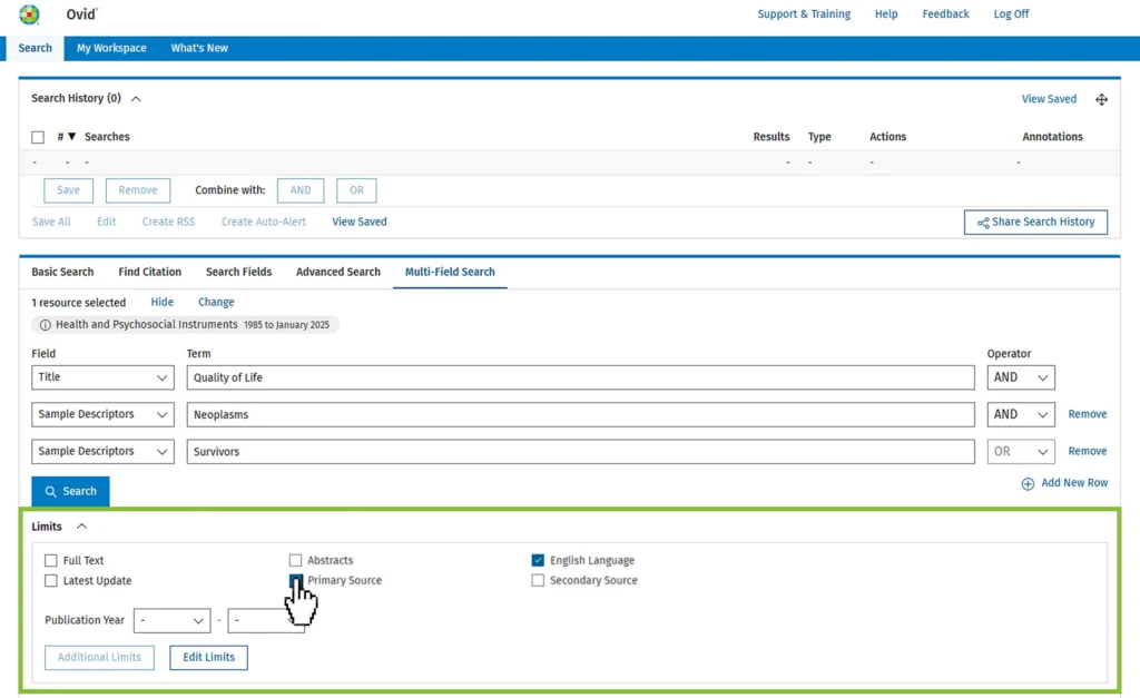 Reference screenshot of Searching process through Ovid - Step 2